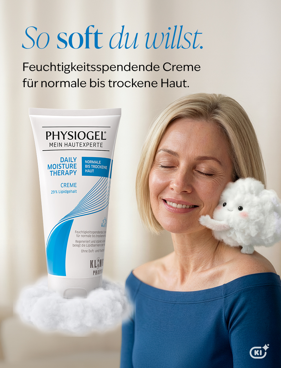 PHYSIOGEL Creme Tube mit Hinweisen: Spendet Feuchtigkeit, regeneriert und stärkt die Hautbarriere.