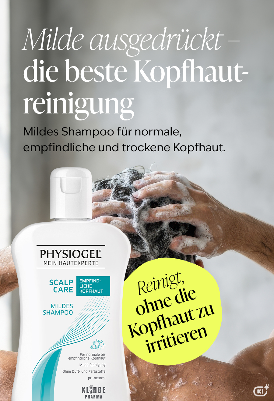 Flasche Physiogel Mildes Shampoo neben Icons für Babys und sanfte Reinigung.