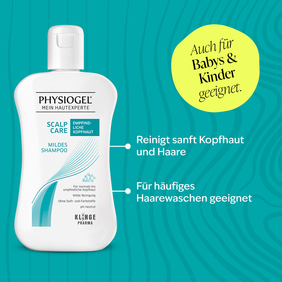 Flasche Physiogel Mildes Shampoo mit Text über sanfte Reinigung und häufiges Waschen.
