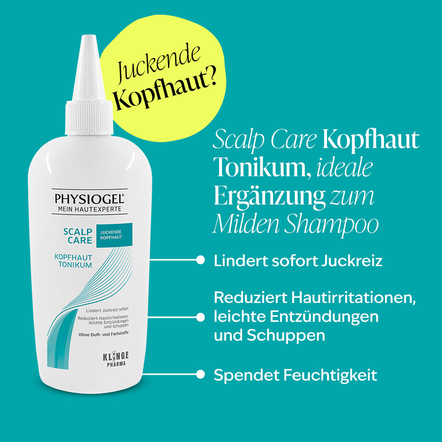 Flasche Physiogel Kopfhaut Tonikum neben Shampoo, lindert Juckreiz und Irritationen.