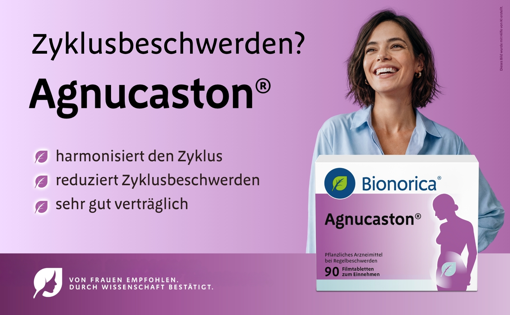 Frau lächelt. Agnucaston®-Packung. Text: Harmonisiert den Zyklus, reduziert Zyklusbeschwerden, sehr gut verträglich.