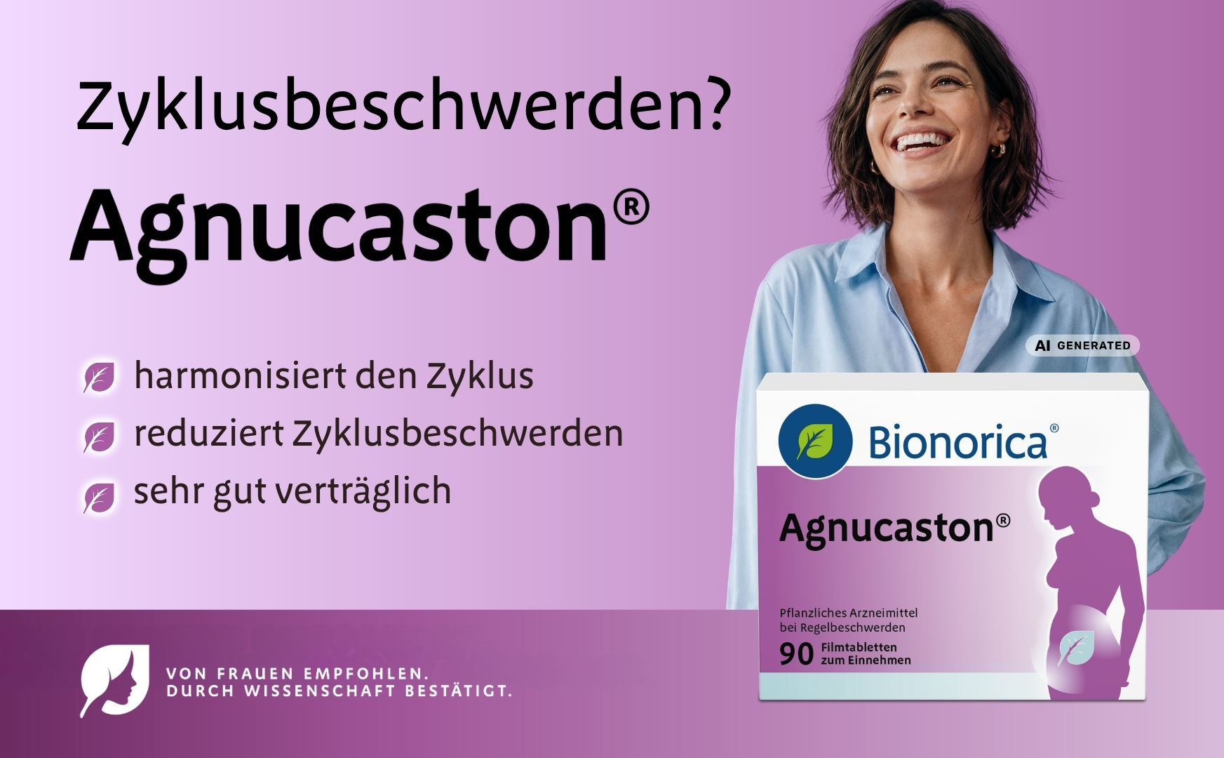Agnucaston Packung neben lächelnder Frau, die Zyklusbeschwerden anspricht.