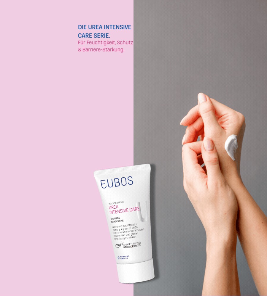 Hände mit Creme. Text: Wirkt hautglättend, schützt und pflegt. Pinkfarbener Hintergrund.