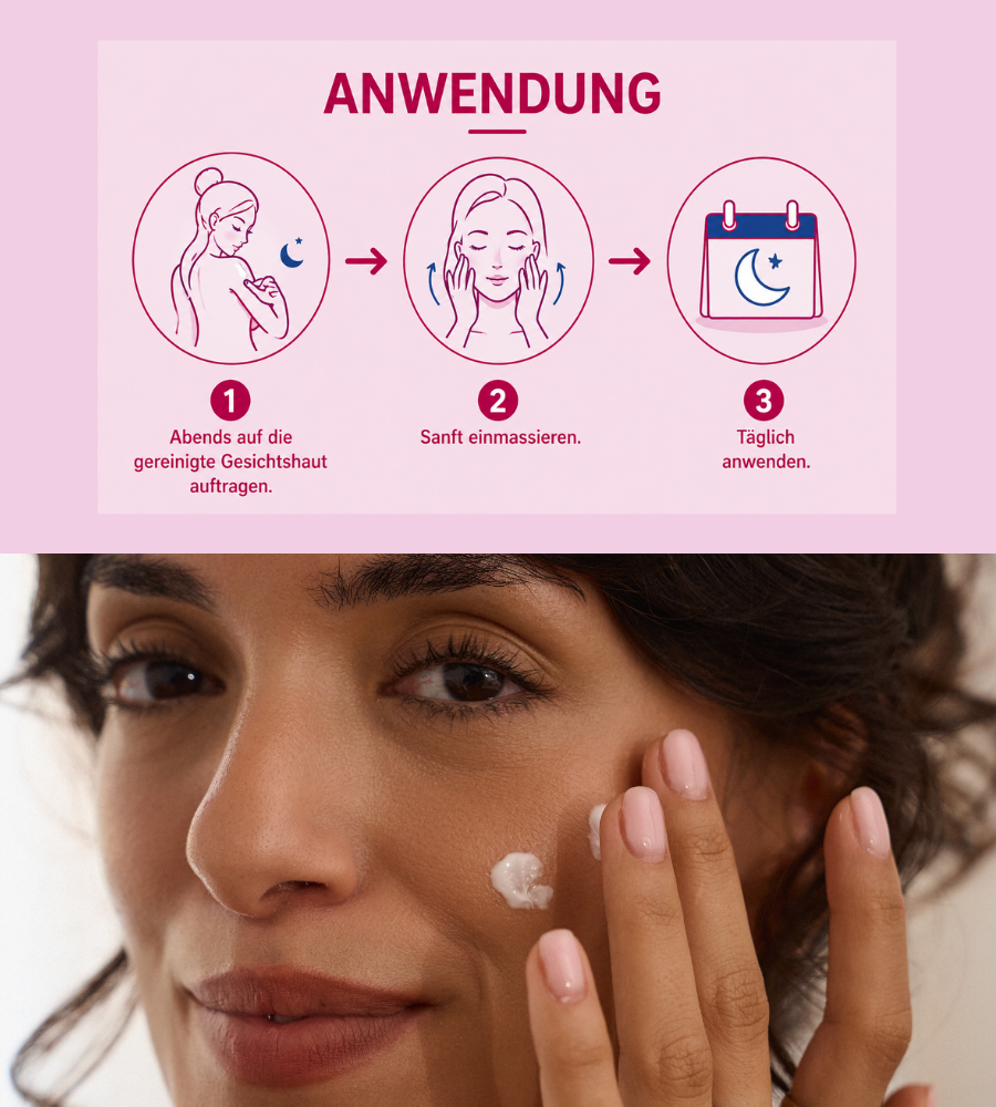 Anwendung der EUBOS Urea Intensive Care Nachtcreme. Schritte: Auftragen, einmassieren, täglich anwenden.