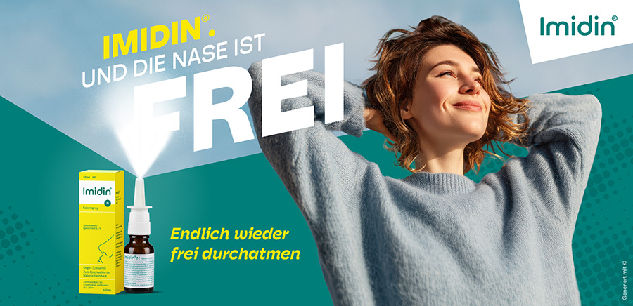 Frau atmet erleichtert auf, neben einer Packung Imidin® N Nasenspray. Text: 'Imidin. Und die Nase ist frei.'