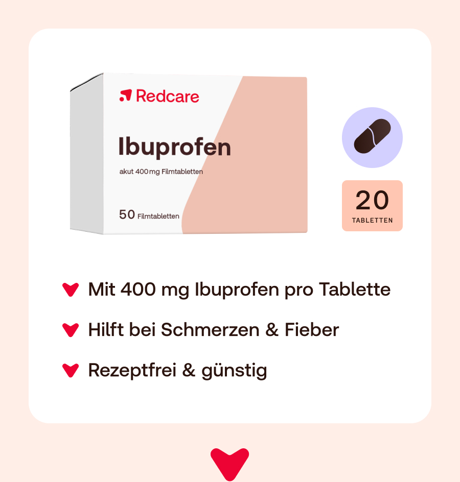 Schachtel mit Redcare Ibuprofen akut 400 mg Filmtabletten. Weiß, mit rosa Akzent. Text: Ibuprofen, 50 Filmtabletten.