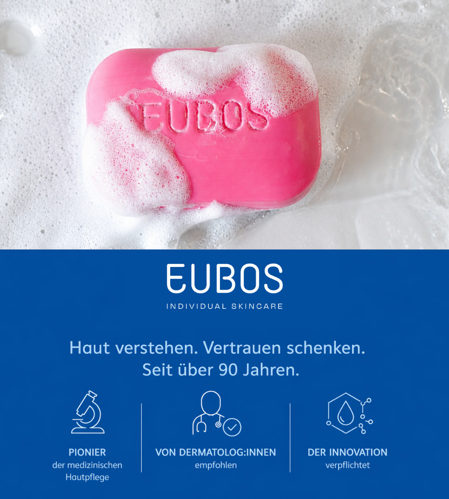 Rosa Fest Waschstück in Seifenschaum. Text: Haut verstehen. Vertrauen schenken. EUBOS-Logo.