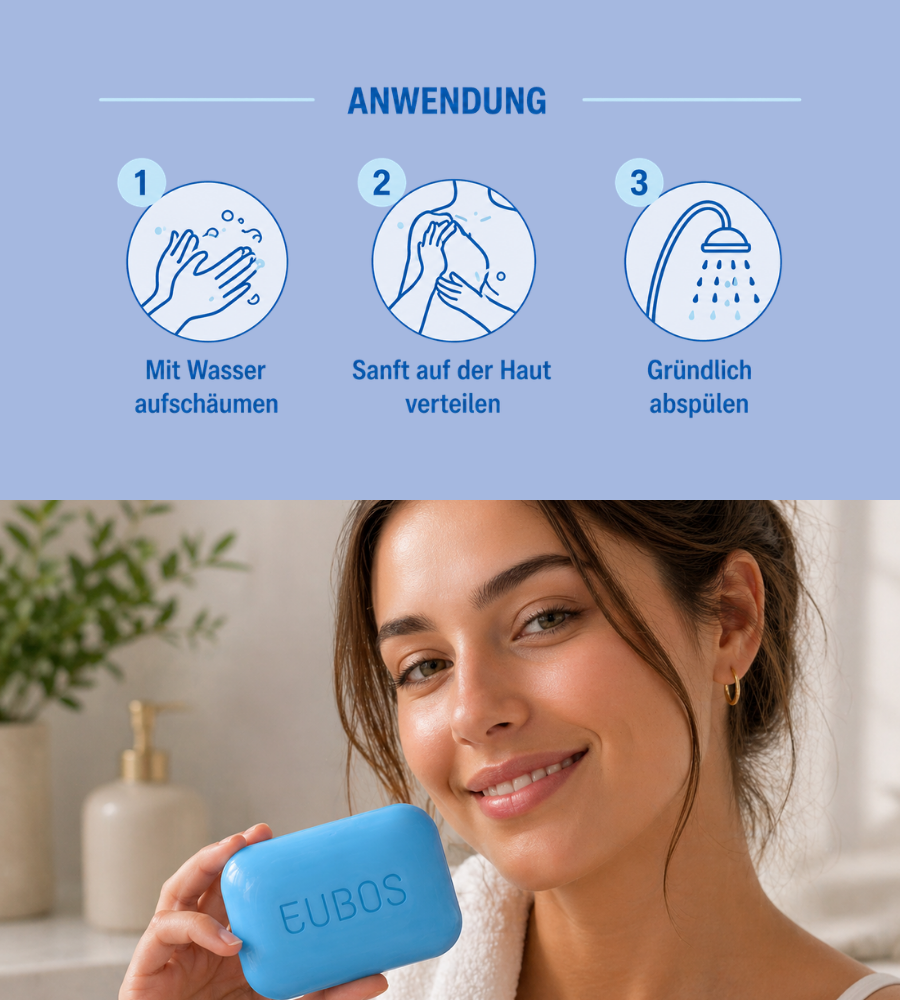 Frau hält blaues Fest Waschstück. Text: ANWENDUNG. Mit Wasser aufschäumen, sanft verteilen, abspülen.