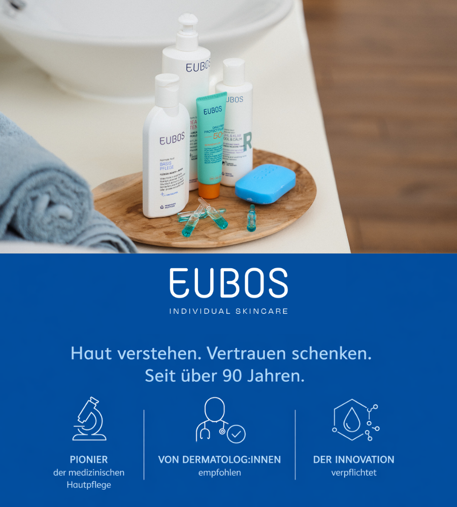 Produkte auf Holztablett. Text: Haut verstehen. Vertrauen schenken. Seit über 90 Jahren.