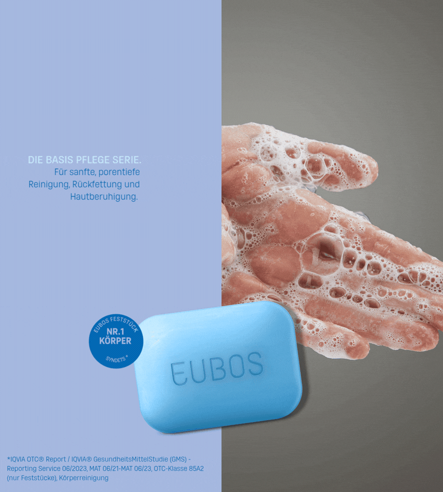 Blaues Fest Waschstück mit EUBOS-Aufdruck. Text: DIE BASIS PFLEGE Serie. Nr.1 Körperpflege Syndets.