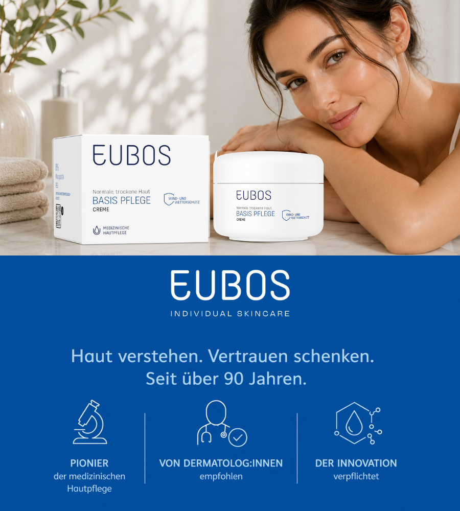 Text: Haut verstehen. Vertrauen schenken. Seit über 90 Jahren. EUBOS. Mikroskop, Arzt, Tropfen.