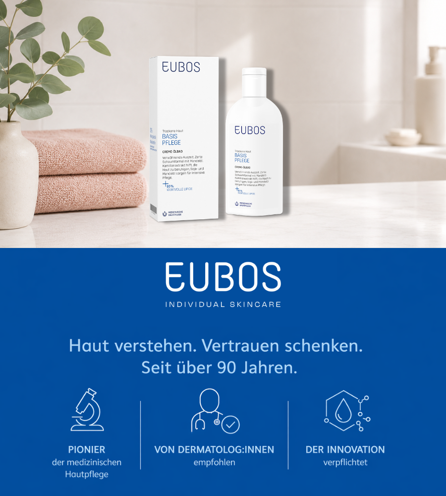Produkt und Verpackung. Text: Haut verstehen. Vertrauen schenken. Seit über 90 Jahren. Blauer Hintergrund.