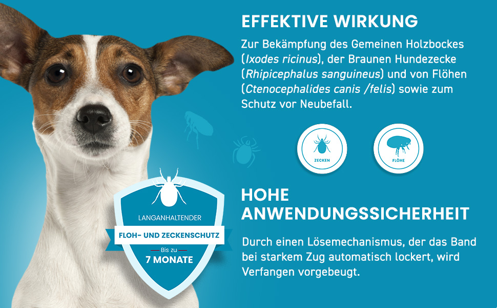 Hund mit Schild. Text: Effektive Wirkung. Hohe Anwendungssicherheit. Floh- und Zeckenschutz.