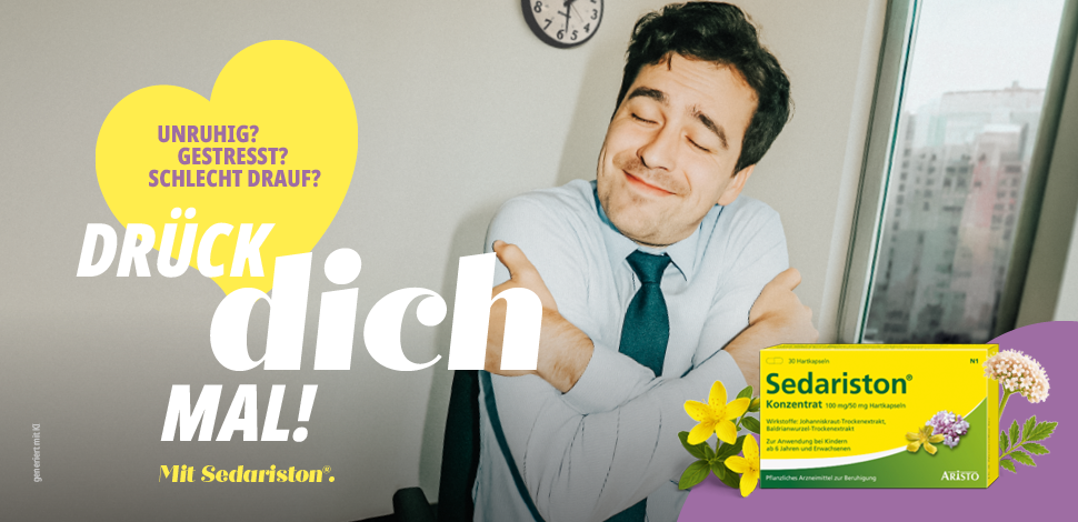 Gelber Hintergrund mit Text: 3-fach Wirkung: Beruhigt die Nerven, fördert das Einschlafen, wirkt stimmungsaufhellend.