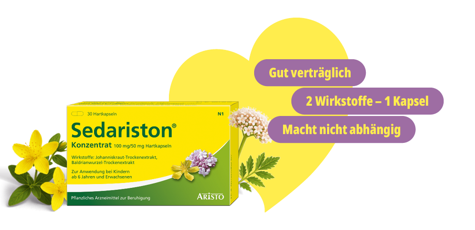 Zwei Produktabbildungen: Sedariston® Tropfen und Sedariston® Tropfen für die Nacht. Informationen zu Inhaltsstoffen.