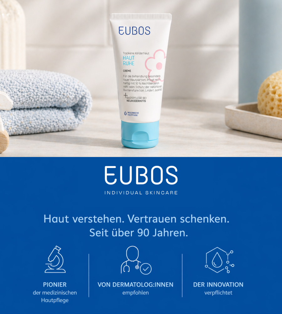 EUBOS Haut Ruhe Crème. Frau und Kind. Text: Sehr gut. Original. Klinisch getestet.