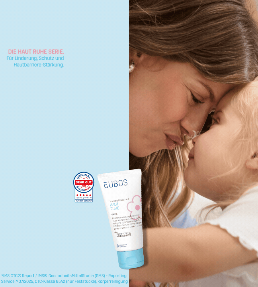 EUBOS Haut Ruhe Crème Tube und Inhaltsstoffe. Text: 10% Nachtkerzenöl, Johanniskraut-Extrakt, Panthenol.