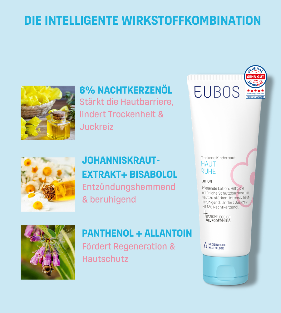 EUBOS® Kinder Haut Ruhe Lotion. Inhaltsstoffe: Nachtkerzenöl, Johanniskrautextrakt, Panthenol + Allantoin.