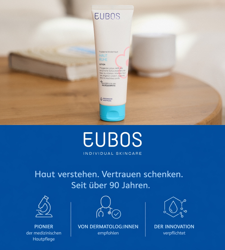 EUBOS® Kinder Haut Ruhe Lotion. Text: Haut verstehen. Vertrauen schenken. Seit über 90 Jahren.