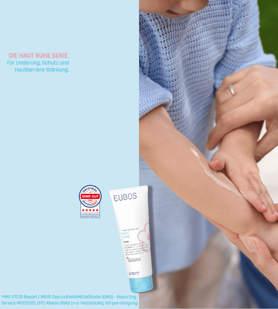 Kind und Mutter. EUBOS® Kinder Haut Ruhe Lotion. Text: Für Linderung, Schutz und Hautbarriere-Stärkung.