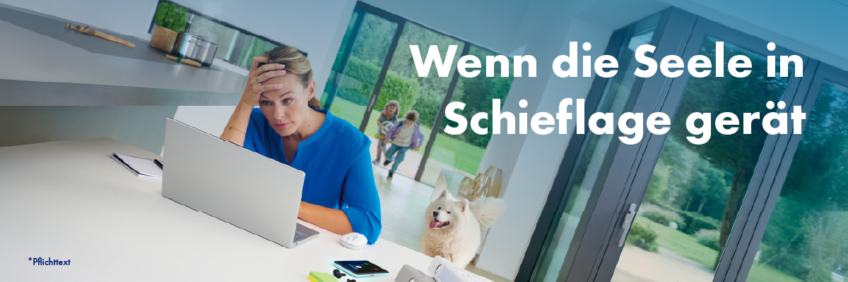 Frau am Laptop, besorgt. Text: Wenn die Seele in Schieflage gerät. Jarsin Logo.