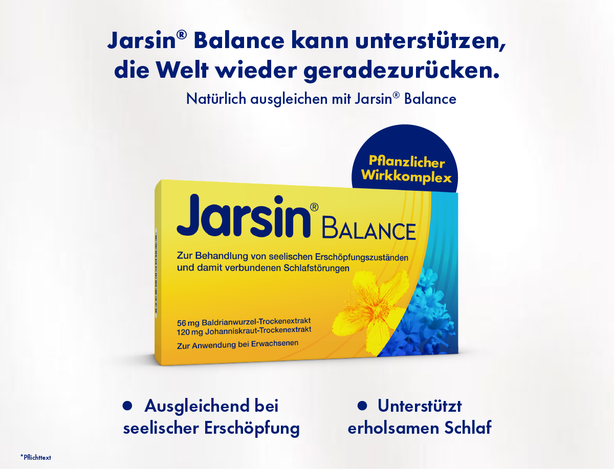 Gelbe Schachtel Jarsin Balance mit Text. Text: Natürlich ausgleichen.