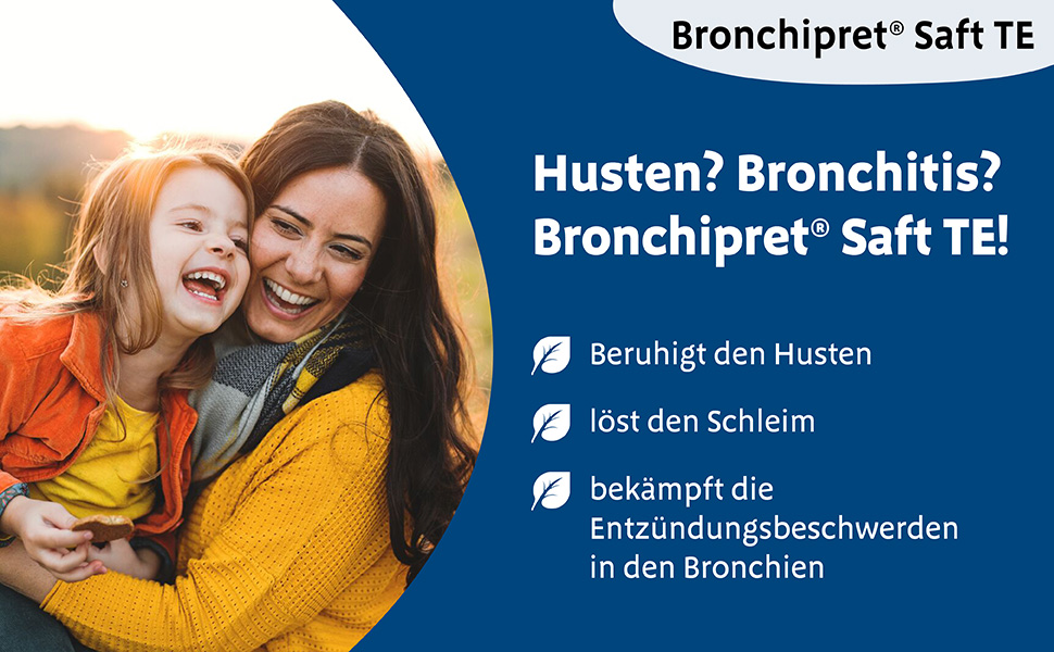 Mutter und Kind lachen. Text: Husten? Bronchitis? Bronchipret® Saft TE!