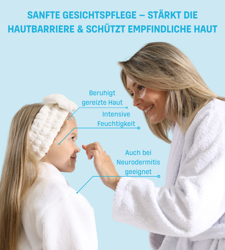 Produkt-Tube und Inhaltsstoffe. Text: 6% Nachtkerzen- & Echiumöl. Sheabutter + Vitamin E + Panthenol. Cardiospermumextrakt.