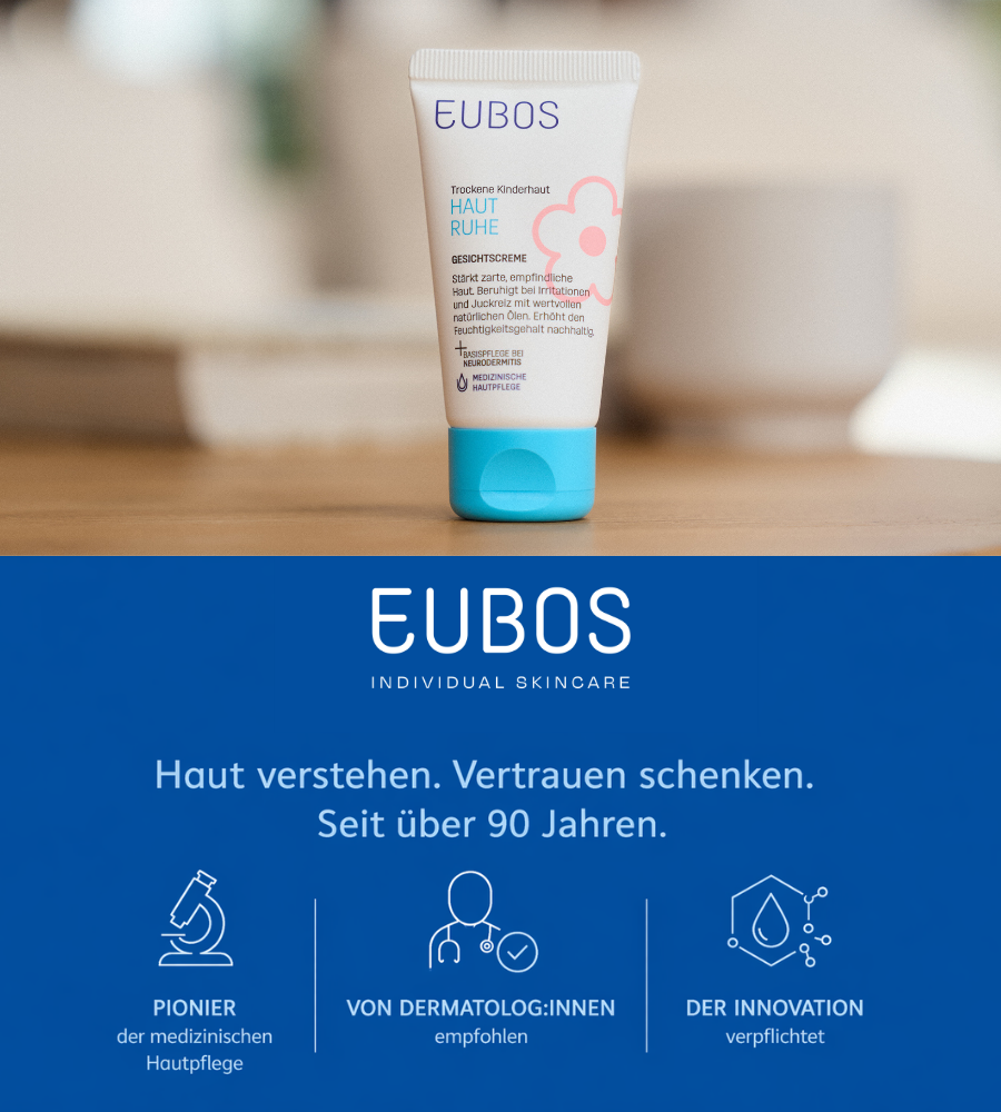 Produkt-Tuben. Text: Haut Ruhe Serie. Reinigung, Körper, Akutpflege, Gesicht, Sonnenschutz.