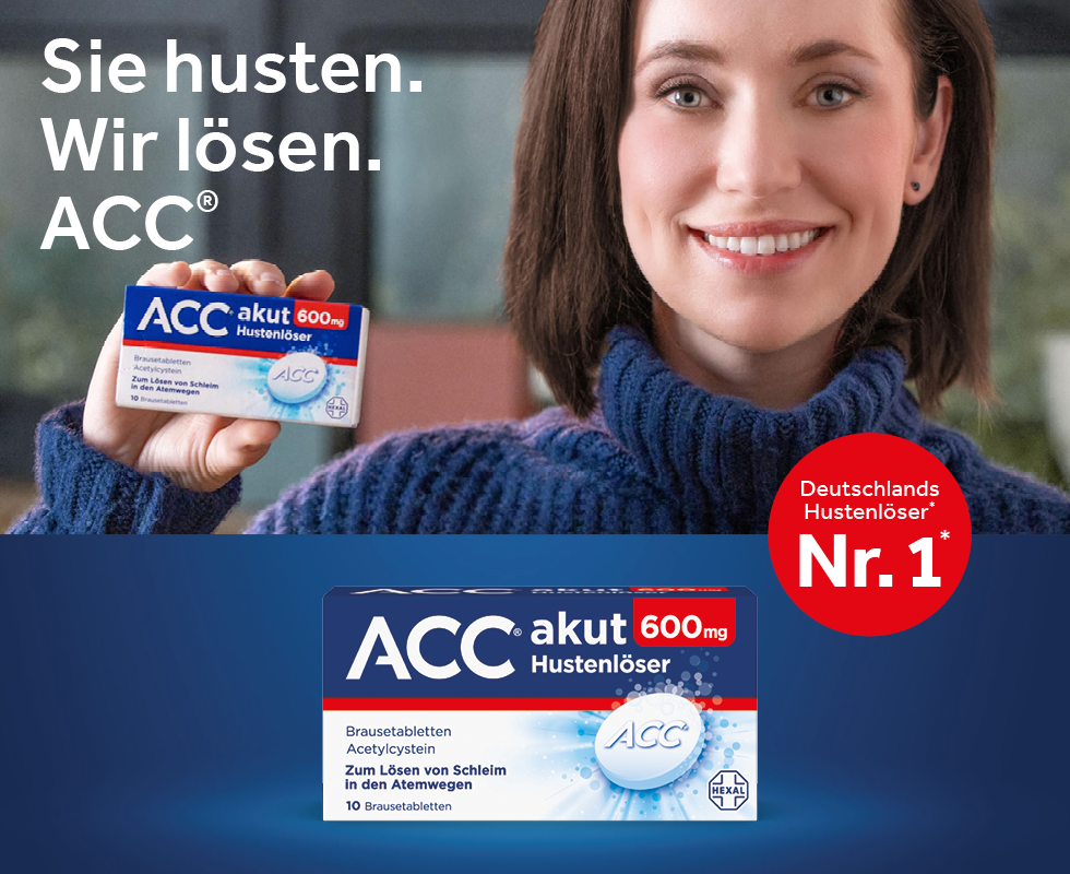 Frau hält ACC akut 600 mg. Text: Sie husten. Wir lösen. ACC. Mit Brombeergeschmack.