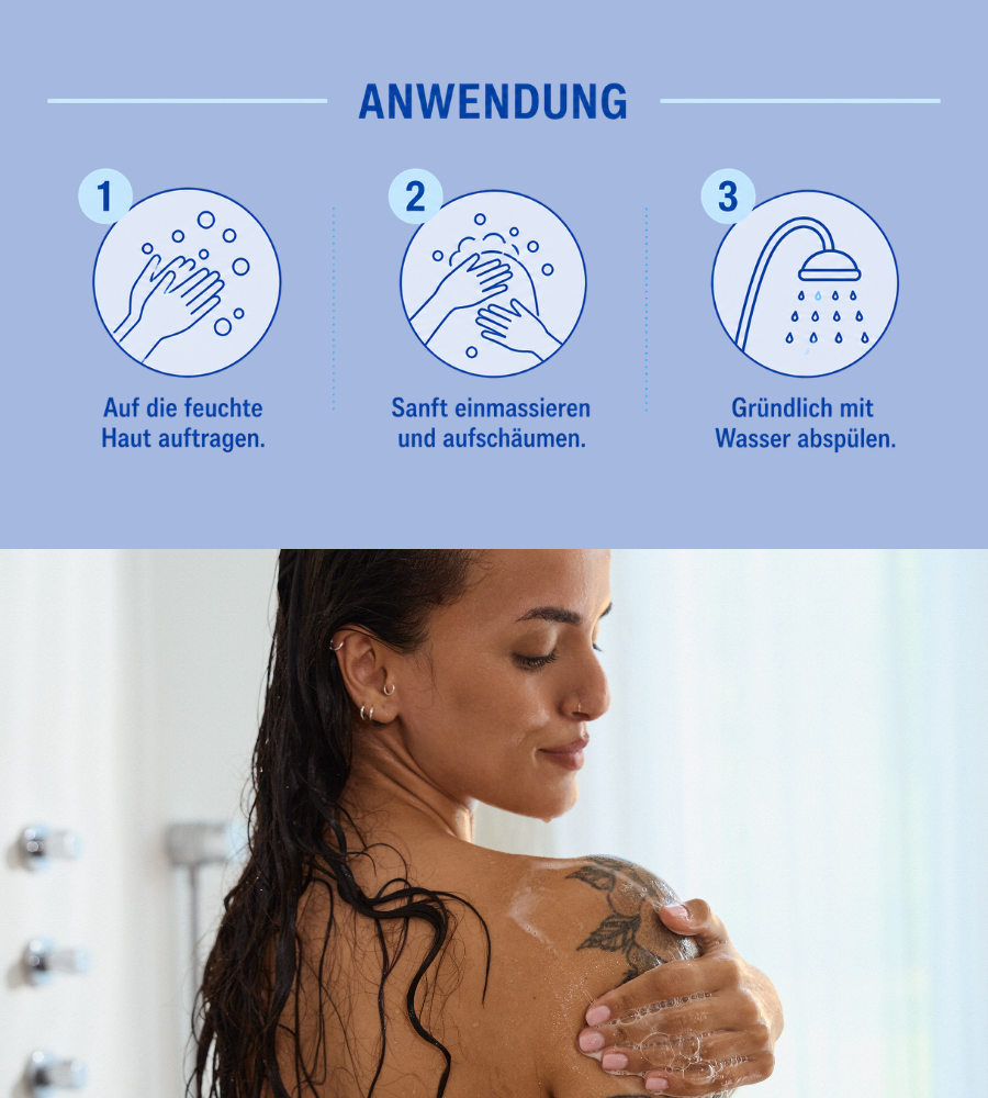 Anwendung: Auf feuchte Haut auftragen, aufschäumen, abspülen. Text: Anwendung. EUBOS Logo.