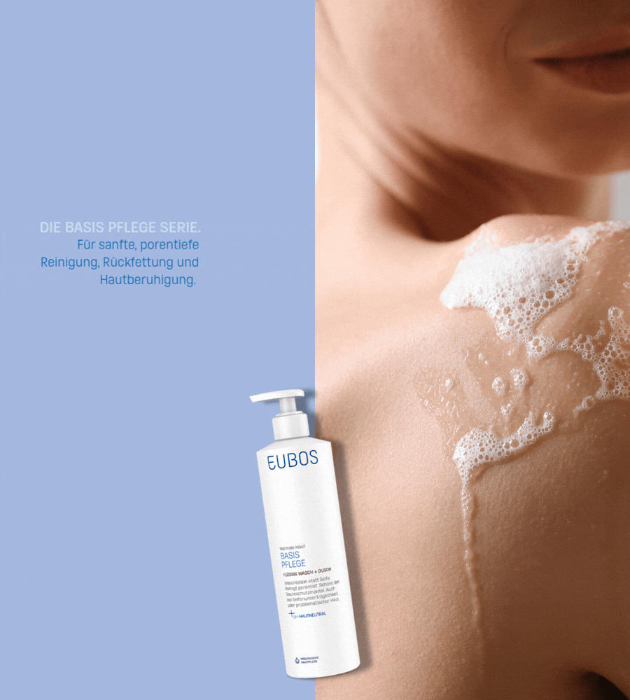 EUBOS® Flüssig blau mit Dosierspender. Anwendung: Reinigung des Körpers. Text: BASIS PFLEGE, pH-hautneutral.