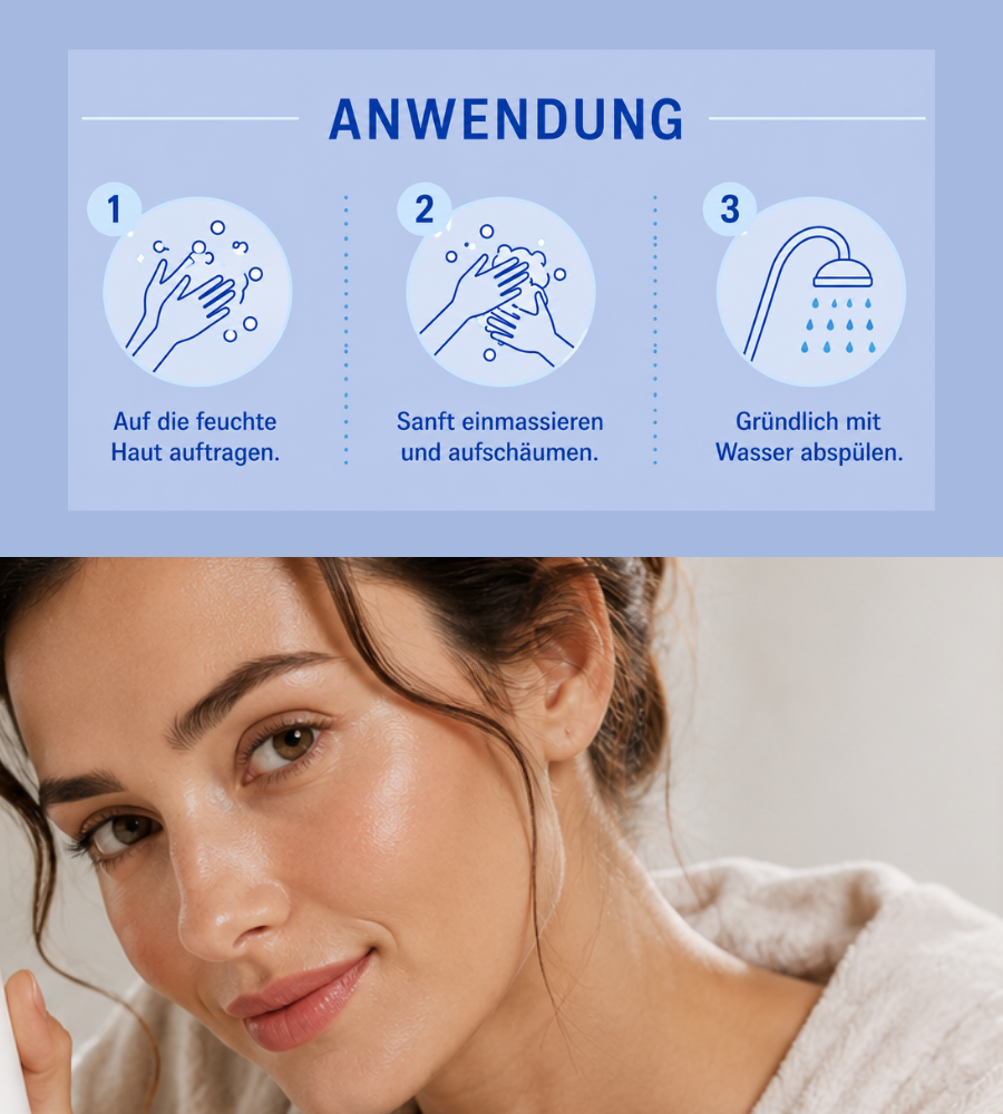 Anwendungsschritte. Text: Auf die feuchte Haut auftragen, sanft einmassieren, abspülen.