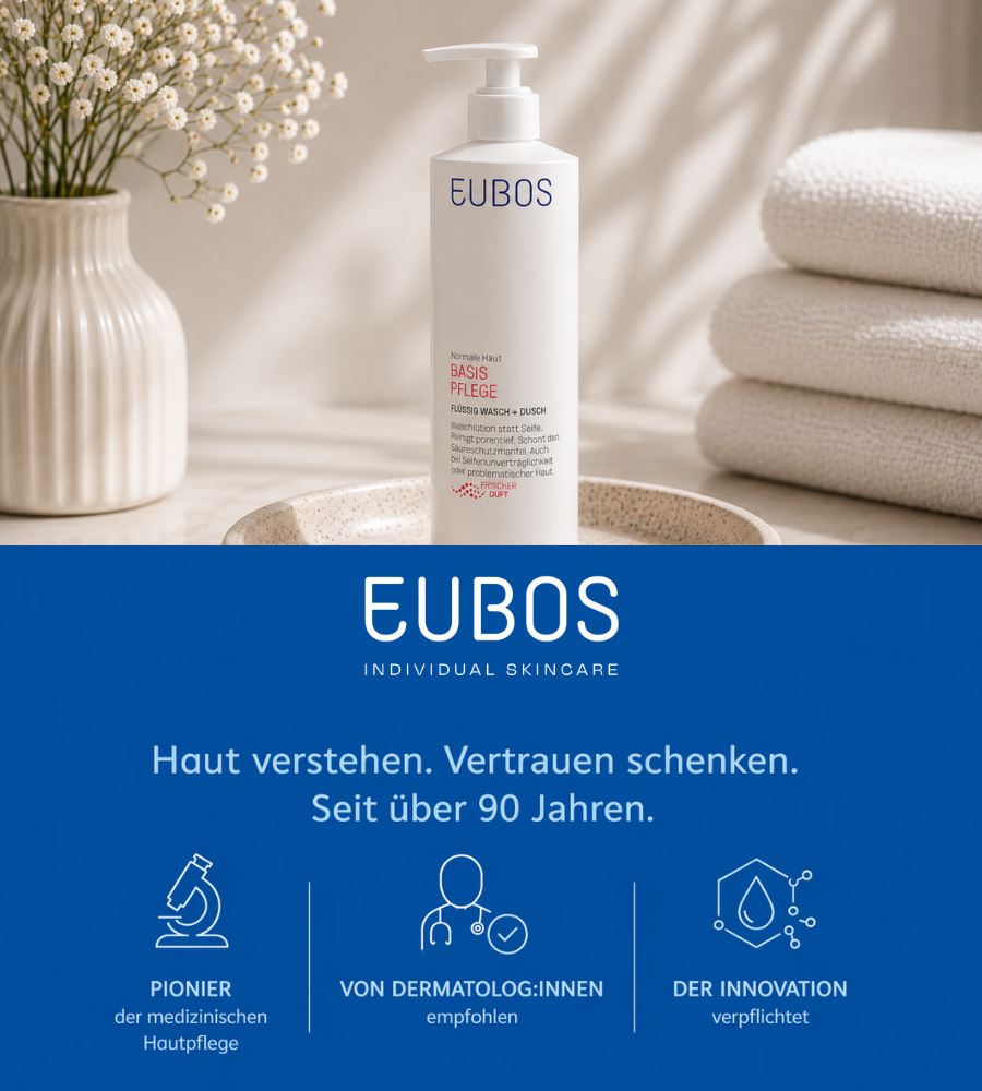 Waschgel mit Spender. Text: EUBOS, Haut verstehen. Seit über 90 Jahren.