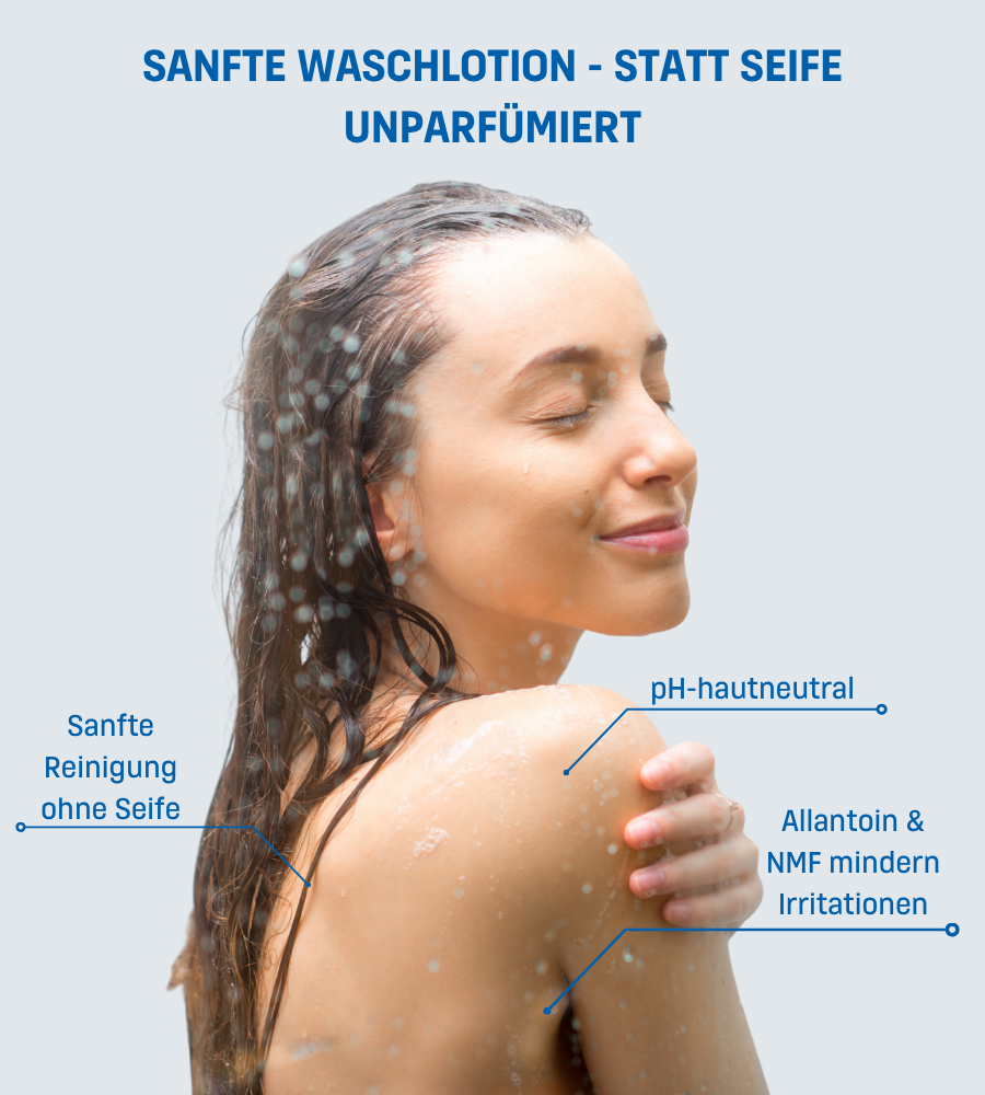 Frau unter der Dusche. Text: Sanfte Waschlotion - statt Seife. Unparfümiert.