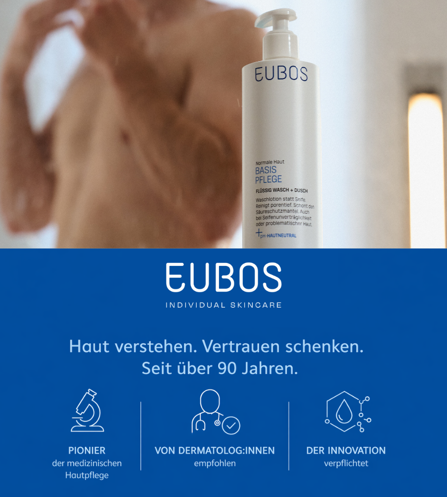 Lotion und Flasche auf blauem Hintergrund. Text: Haut verstehen. Vertrauen schenken.