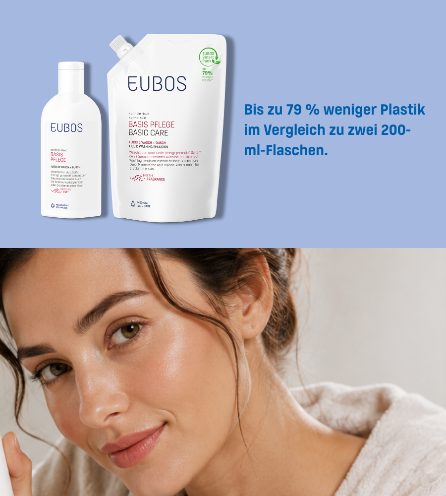 Frau mit EUBOS-Produkt. Weniger Plastikmüll, gut für die Umwelt.