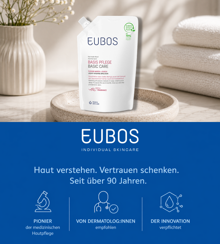 EUBOS Basis Pflege Flüssig Wasch + Dusch, Nachfüllbeutel. Produkt auf blauem Hintergrund.
