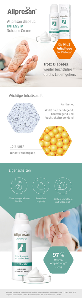 Werbebild mit Allpresan diabetic Schaum-Creme, Füßen mit trockener Haut und Text.  Nr. 1 Fußpflege bei Diabetes.