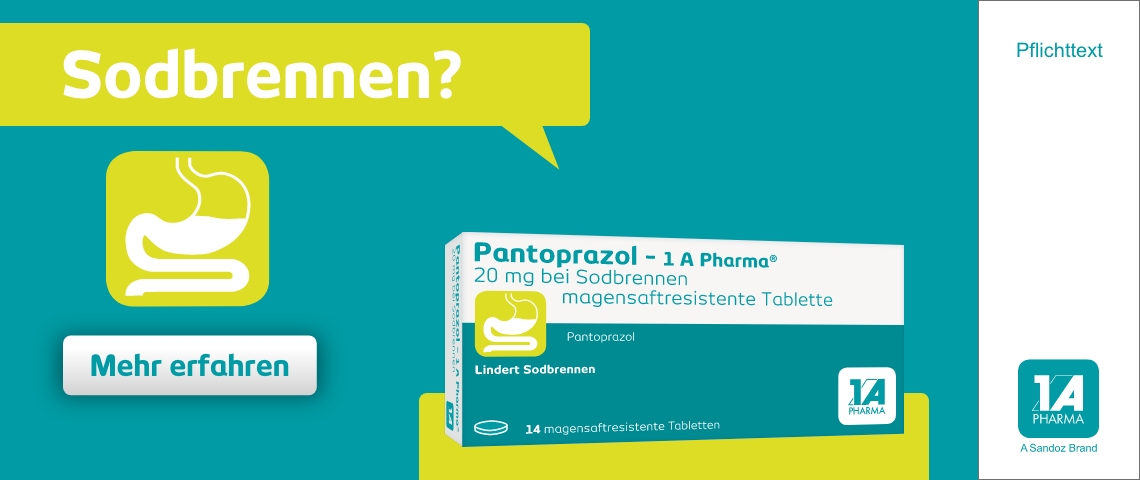 Werbebanner mit Pantoprazol - 1 A Pharma 20 mg bei Sodbrennen. Enthält eine Packung und Text.