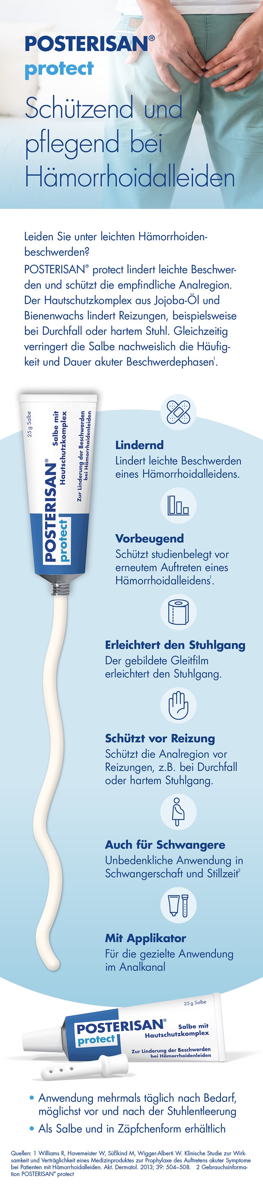 Posterisan protect Salbe pflegt und schützt bei Hämorrhoidalleiden. Mit Applikator.