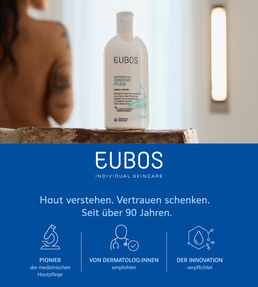 Verschiedene EUBOS Produkte für Gesicht, Hände, Körper und Haare. Text: Sensitive Pflege Serie.