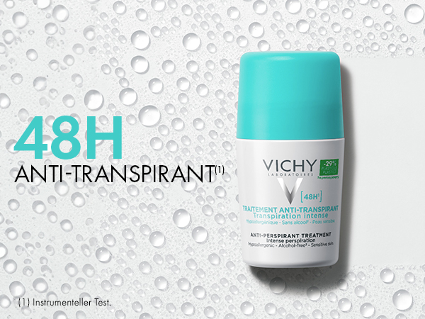 Vichy Anti-Transpirant 48h Roll-On mit türkisfarbenem Deckel. Siegel: Von Dermatologen empfohlen.