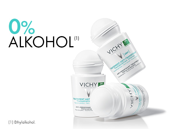 Vichy Anti-Transpirant 48h Roll-On wird in einer Hand gehalten. Text: Empfohlen von 50.000 Dermatologen.
