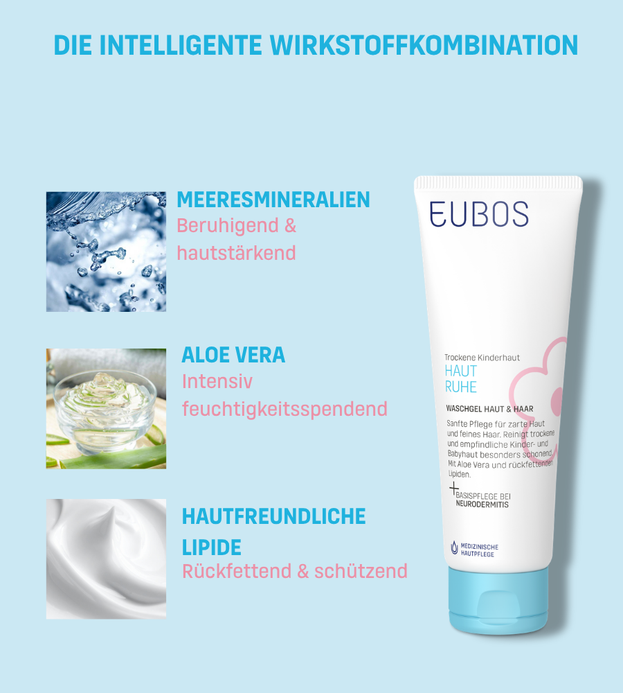 EUBOS Haut Ruhe Waschgel Haut & Haar. Tube. Inhaltsstoffe: Meeresmineralien, Aloe Vera, Lipide. Medizinische Hautpflege.