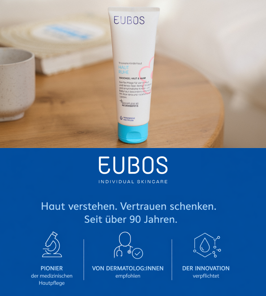 EUBOS. Haut verstehen. Vertrauen schenken. Seit über 90 Jahren. Medizinische Hautpflege. Blaue und weiße Farbgebung.