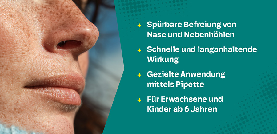 Frau mit Schnupfen neben Imidin®N Nasentropfen Flasche und Schachtel.