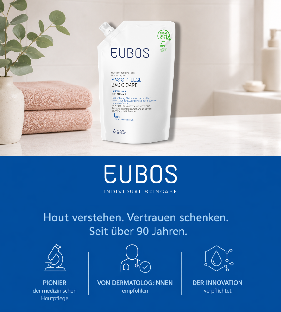 Nachfüllbeutel EUBOS Basis Pflege. Text: Haut verstehen. Vertrauen schenken.