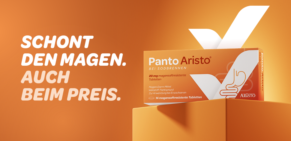 Orangefarbene Szene. Text: Schont den Magen. Auch beim Preis. Schachtel Panto Aristo.