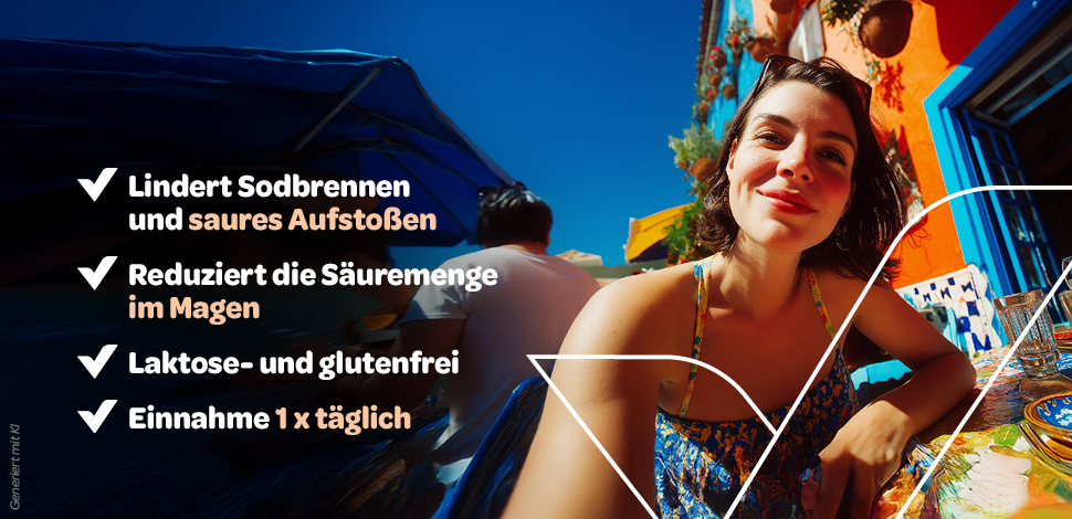 Frau im Freien. Text: Lindert Sodbrennen, saures Aufstoßen, reduziert Säure, laktose- und glutenfrei, 1x täglich.